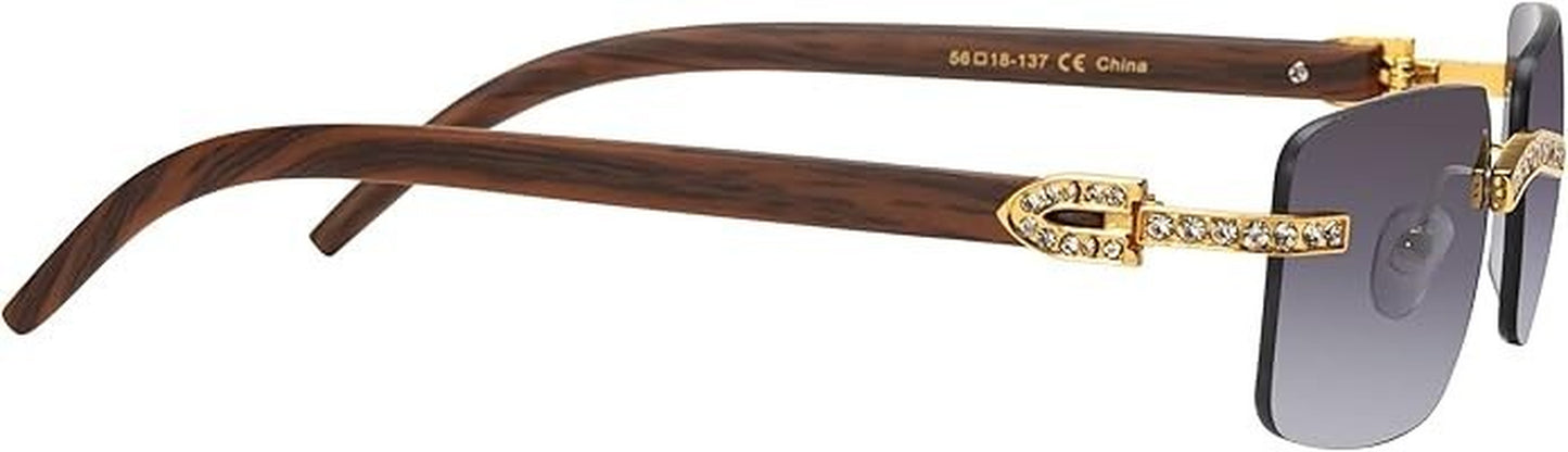 Sunglasses Men Elegant Tinted Clear Wood Buff Glasses Unique Square Rimless New